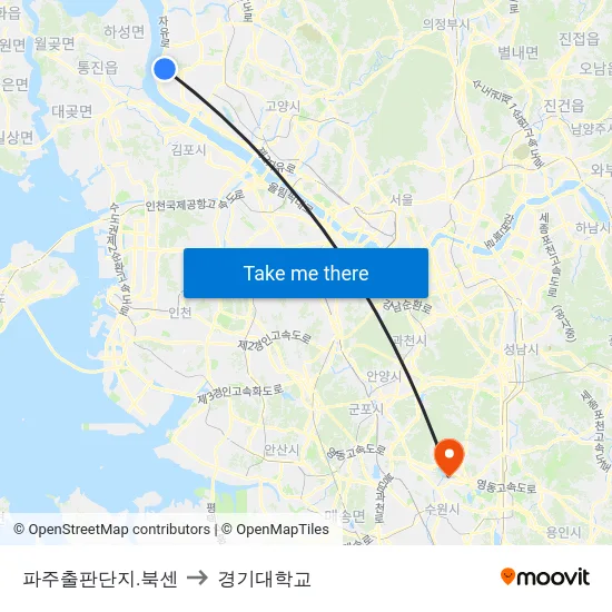 파주출판단지.북센 to 경기대학교 map