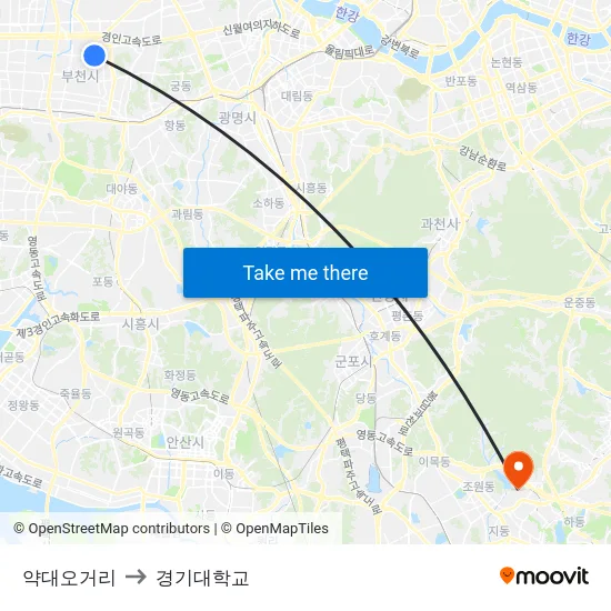 약대오거리 to 경기대학교 map