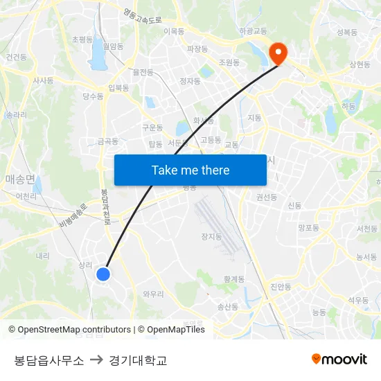 봉담읍사무소 to 경기대학교 map