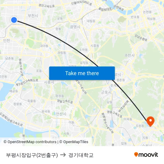부평시장입구(2번출구) to 경기대학교 map