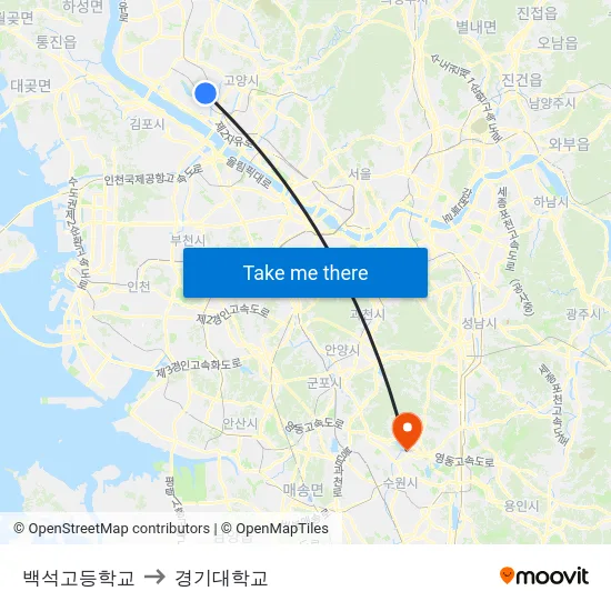 백석고등학교 to 경기대학교 map
