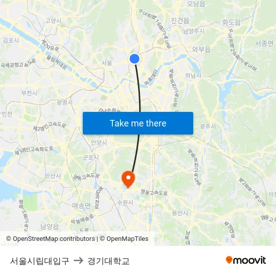 서울시립대입구 to 경기대학교 map