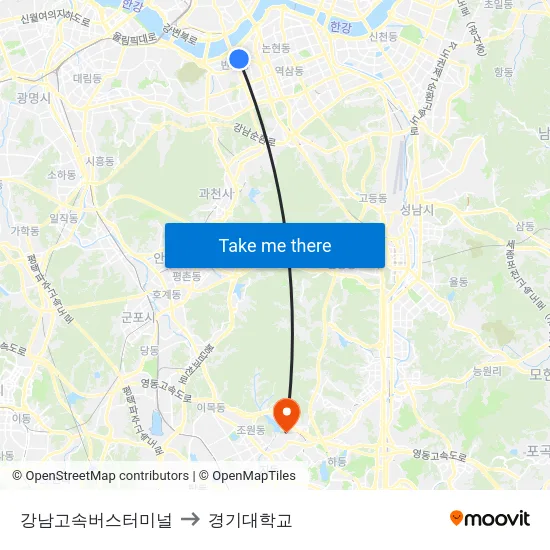 강남고속버스터미널 to 경기대학교 map