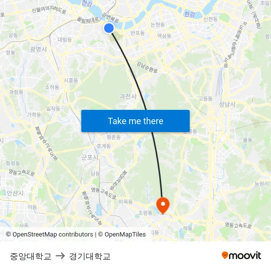 중앙대학교 to 경기대학교 map