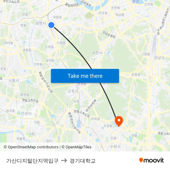 가산디지털단지역입구 to 경기대학교 map