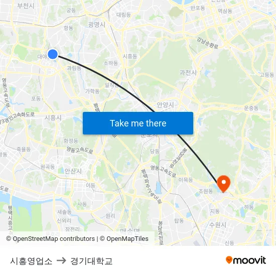시흥영업소 to 경기대학교 map