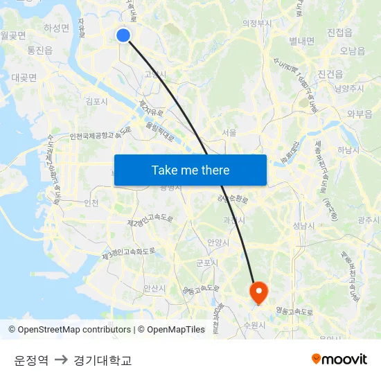 운정역 to 경기대학교 map
