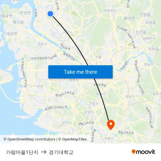 가람마을1단지 to 경기대학교 map