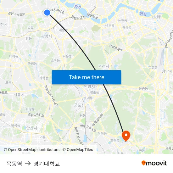 목동역 to 경기대학교 map