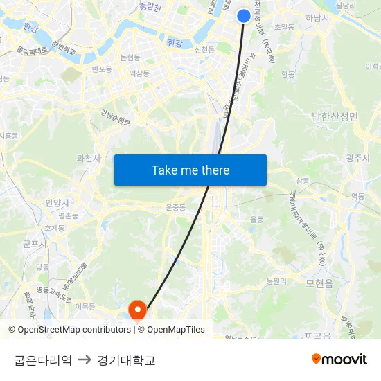 굽은다리역 to 경기대학교 map