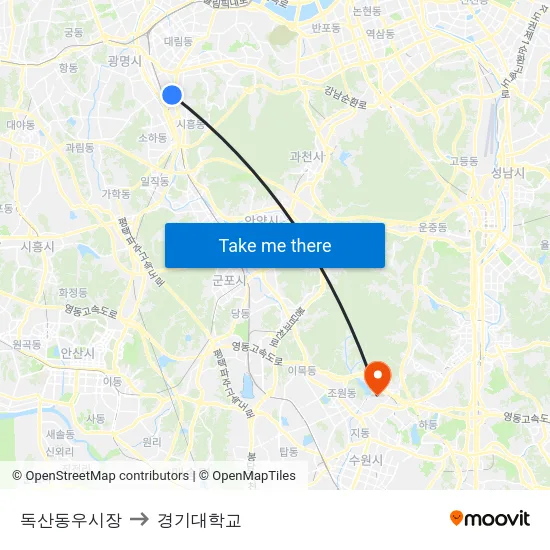 독산동우시장 to 경기대학교 map