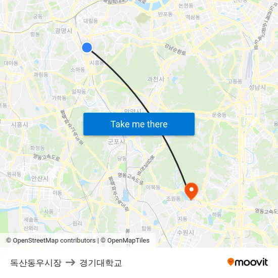 독산동우시장 to 경기대학교 map