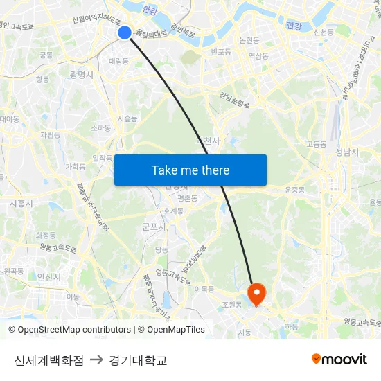 신세계백화점 to 경기대학교 map