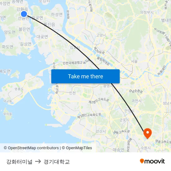 강화터미널 to 경기대학교 map