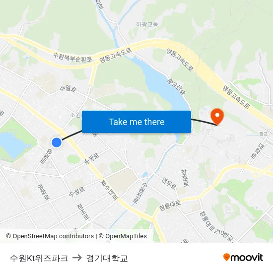 수원Kt위즈파크 to 경기대학교 map