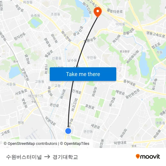 수원버스터미널 to 경기대학교 map