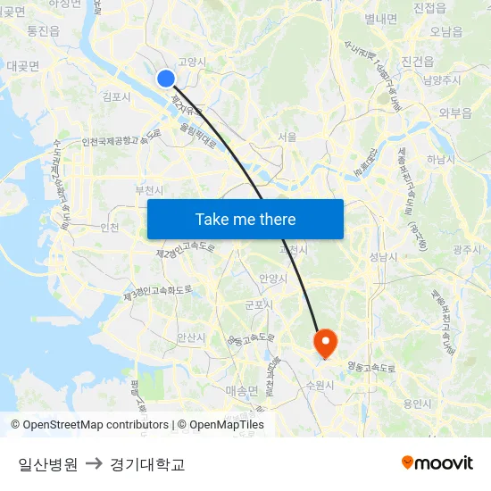 일산병원 to 경기대학교 map