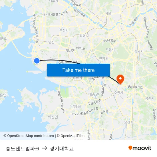 송도센트럴파크 to 경기대학교 map