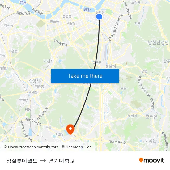 잠실롯데월드 to 경기대학교 map
