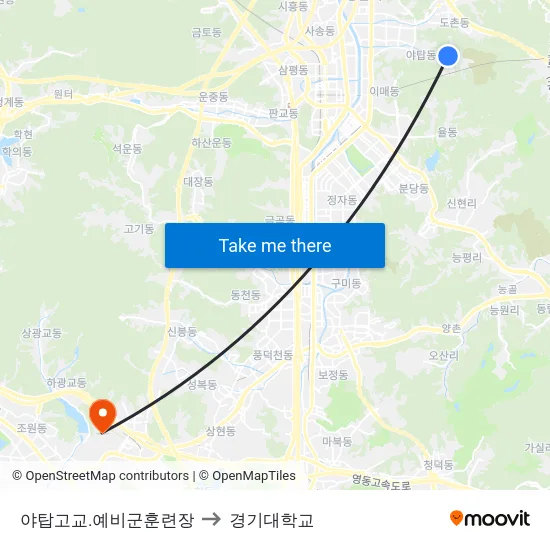 야탑고교.예비군훈련장 to 경기대학교 map