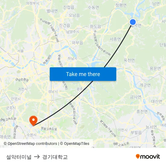 설악터미널 to 경기대학교 map