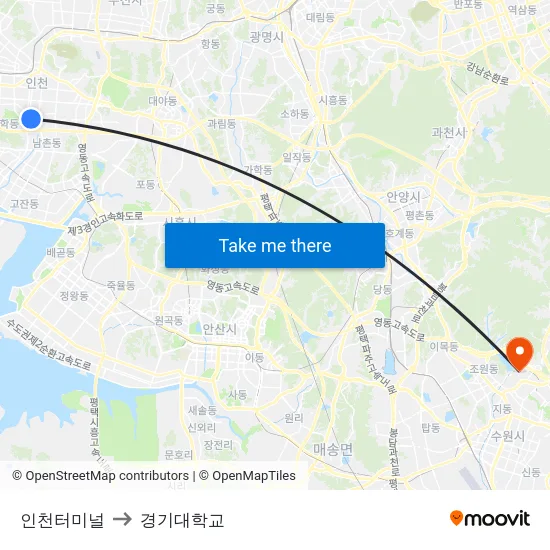 인천터미널 to 경기대학교 map