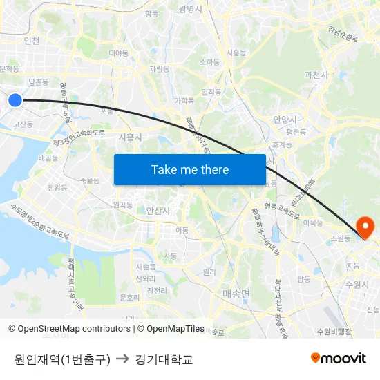 원인재역(1번출구) to 경기대학교 map