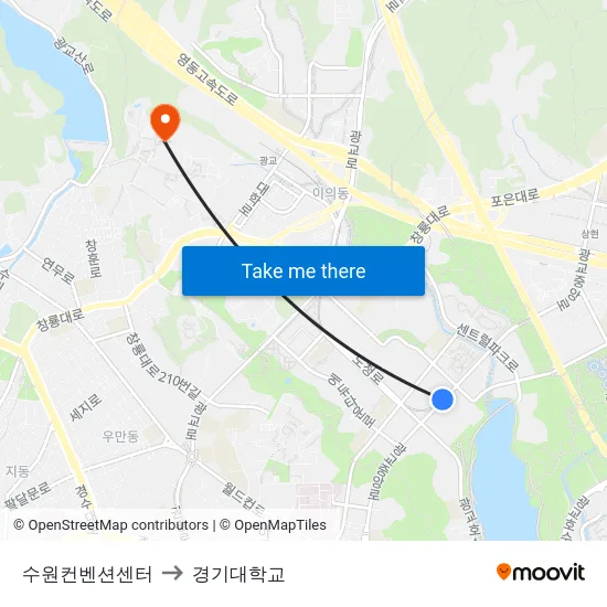 수원컨벤션센터 to 경기대학교 map
