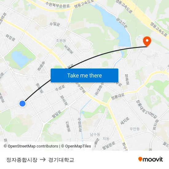 정자종합시장 to 경기대학교 map