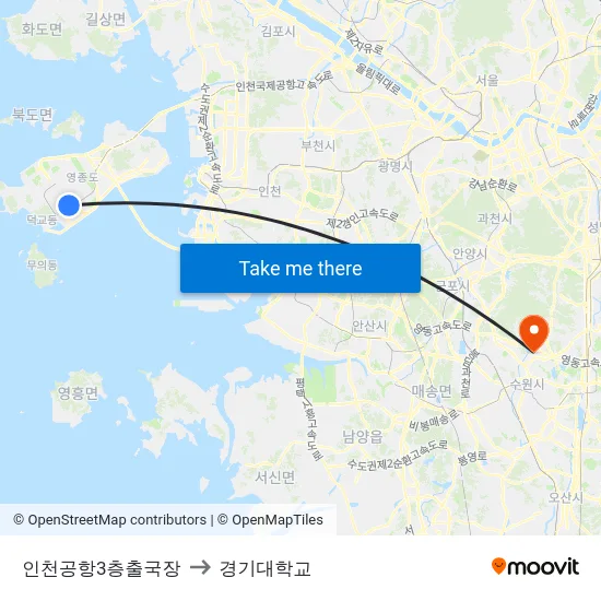 인천공항3층출국장 to 경기대학교 map