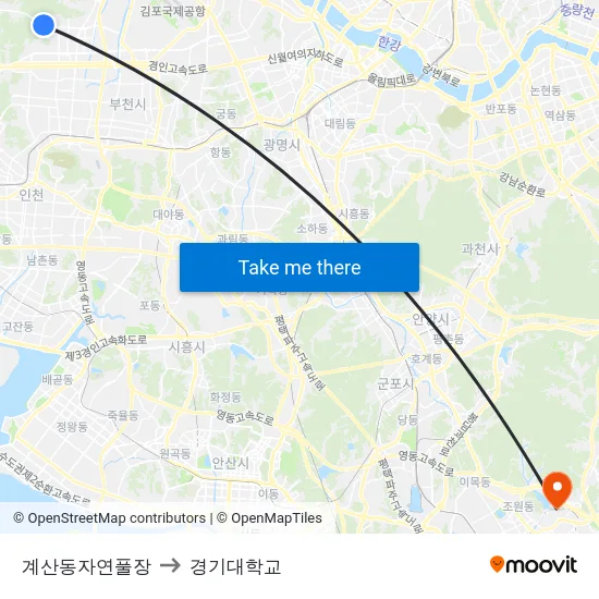 계산동자연풀장 to 경기대학교 map