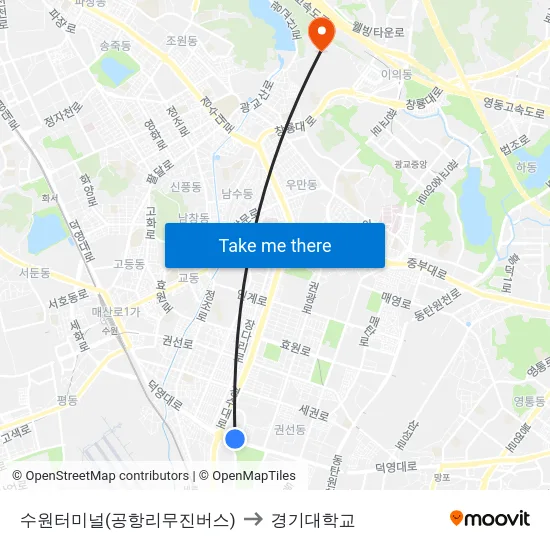 수원터미널(공항리무진버스) to 경기대학교 map