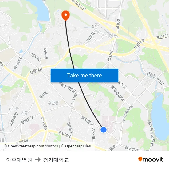 아주대병원 to 경기대학교 map