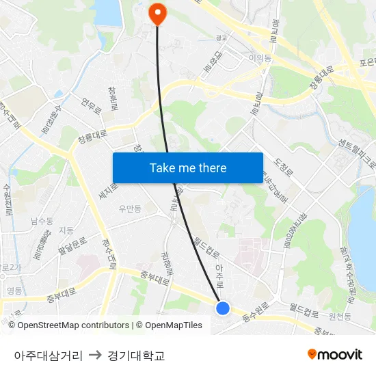 아주대삼거리 to 경기대학교 map