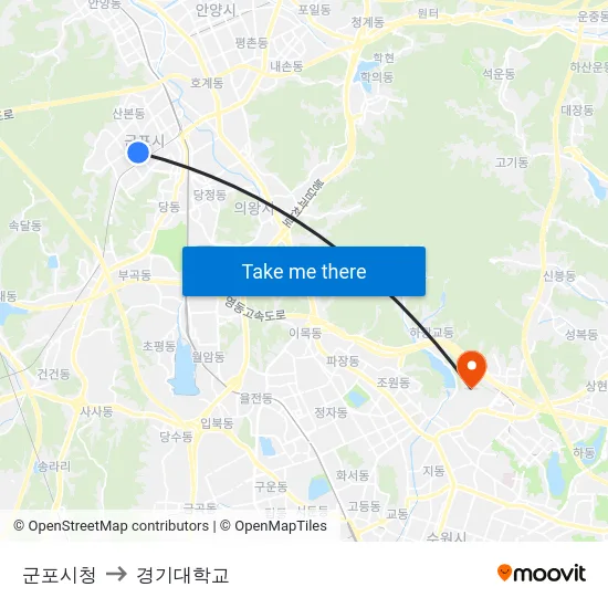 군포시청 to 경기대학교 map