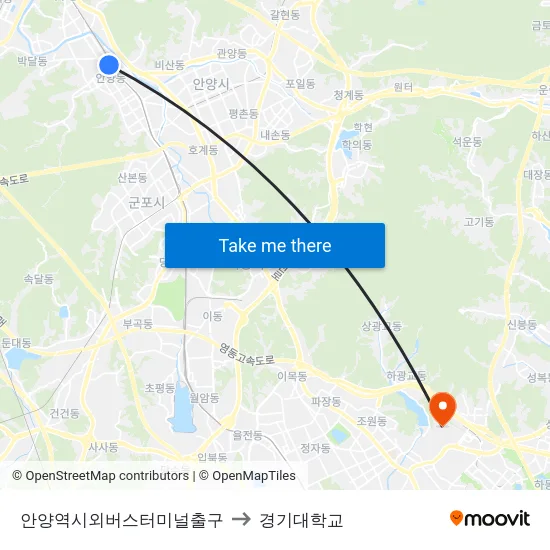 안양역시외버스터미널출구 to 경기대학교 map