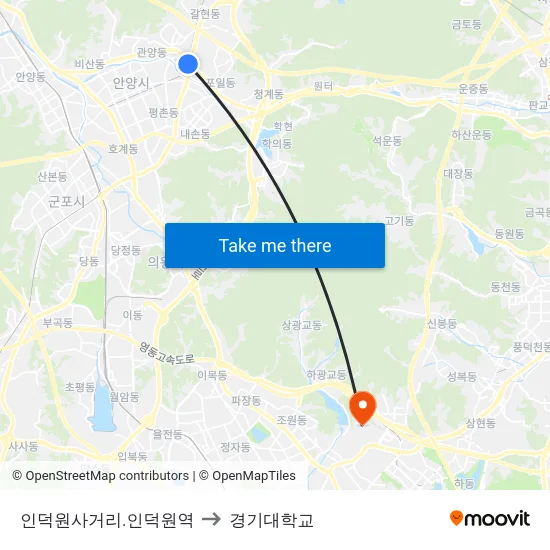 인덕원사거리.인덕원역 to 경기대학교 map