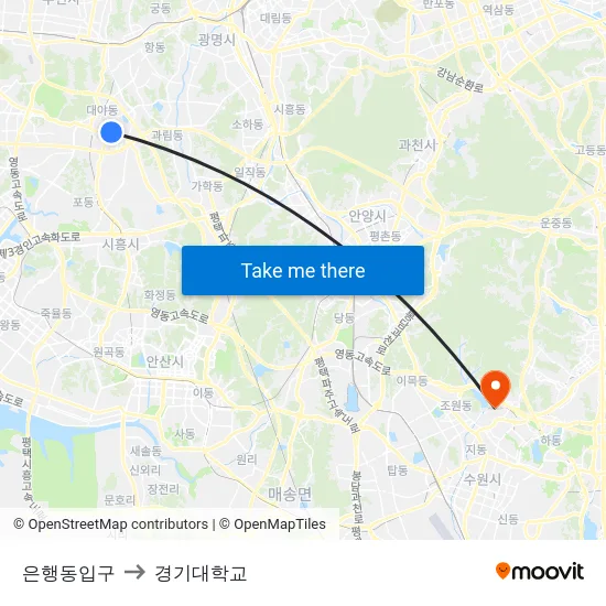 은행동입구 to 경기대학교 map