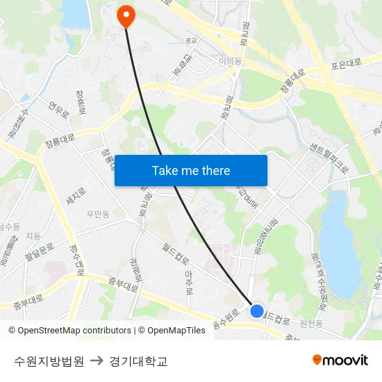 수원지방법원 to 경기대학교 map