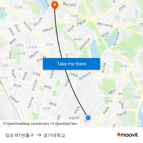 망포역1번출구 to 경기대학교 map