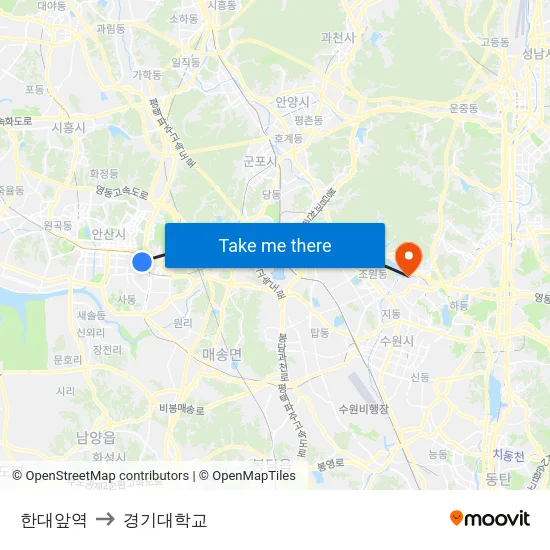 한대앞역 to 경기대학교 map