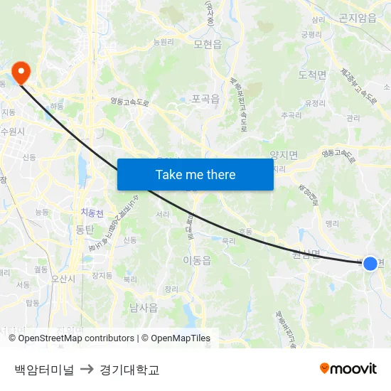 백암터미널 to 경기대학교 map