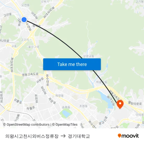 의왕시고천시외버스정류장 to 경기대학교 map