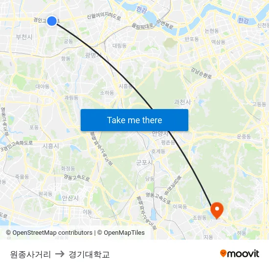 원종사거리 to 경기대학교 map