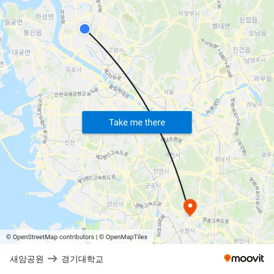 새암공원 to 경기대학교 map