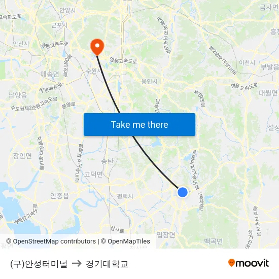 (구)안성터미널 to 경기대학교 map