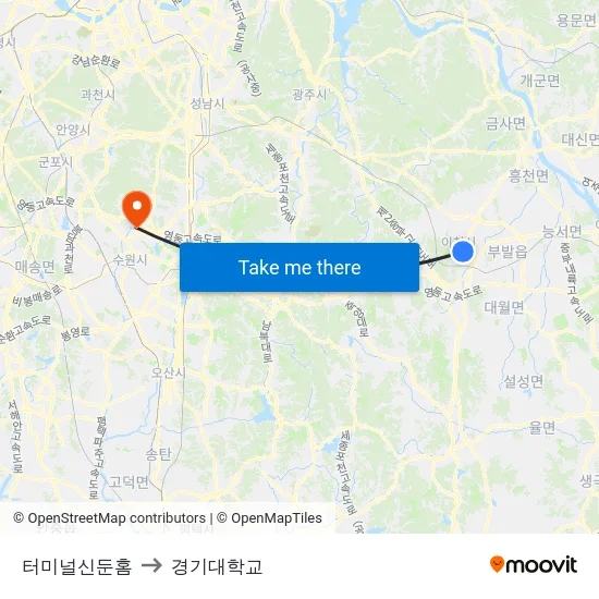 터미널신둔홈 to 경기대학교 map