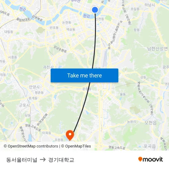 동서울터미널 to 경기대학교 map