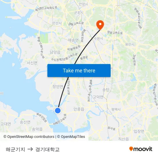 해군기지 to 경기대학교 map