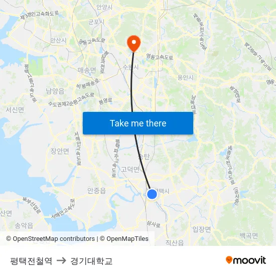 평택전철역 to 경기대학교 map